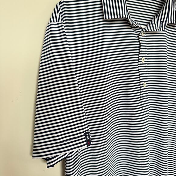 RLX RALPH LAUREN Mens Polo Shirt L Navy Striped Camp Embroidery Golfing Active - Picture 5 of 6